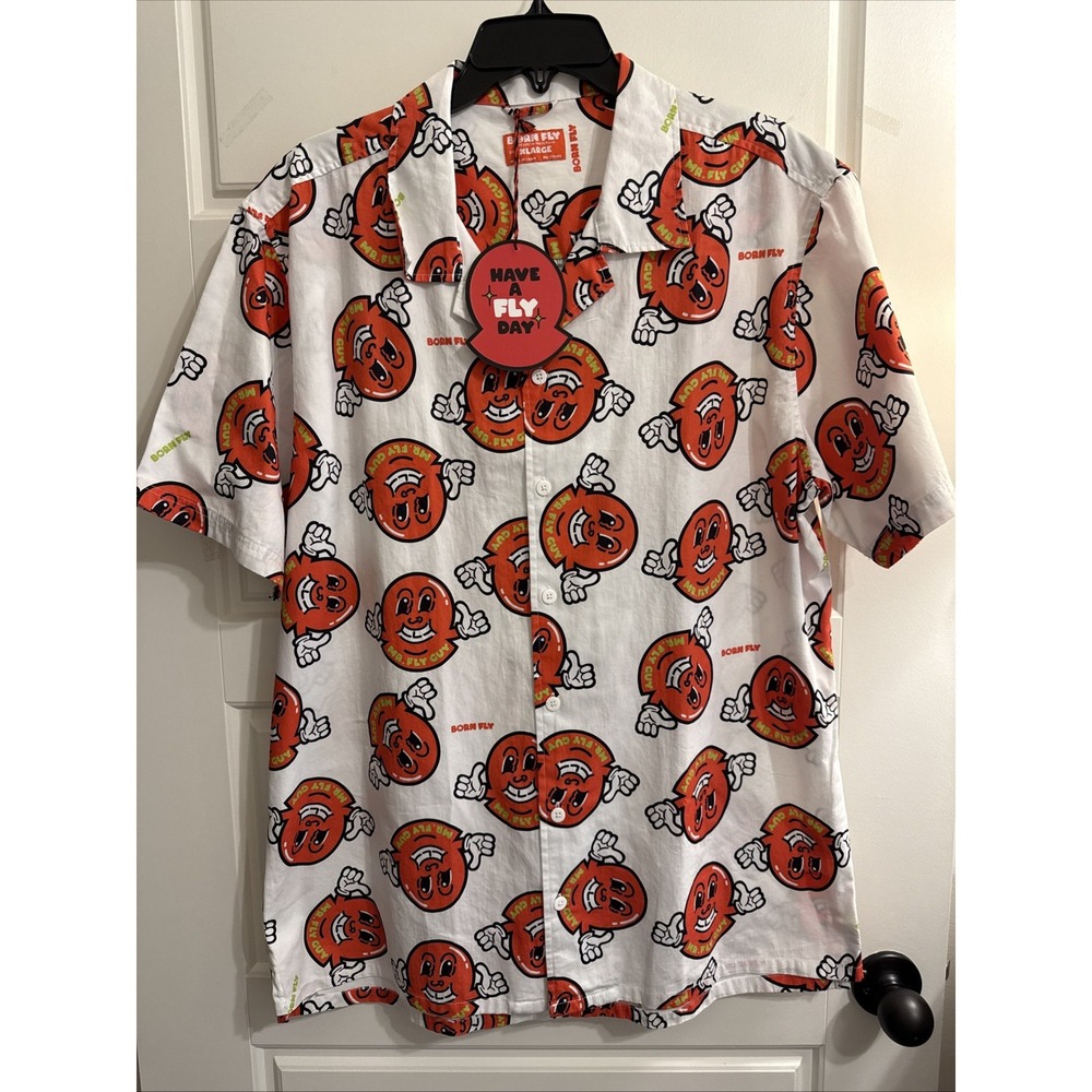 BORN FLY Men's Shirt Size XL Mr Fly Guy Short Sleeve White NWT